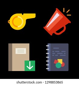 close icons set with notebook, announcement and whistle vector set