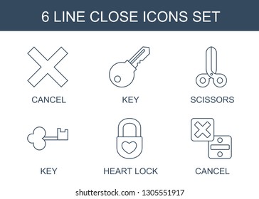 close icons. Trendy 6 close icons. Contain icons such as cancel, key, scissors, heart lock. close icon for web and mobile.