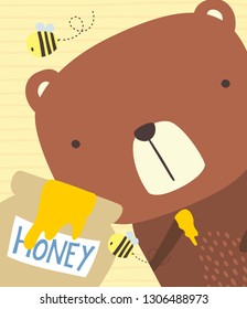 close up illustration of cute bear with honey jar and bees. design for baby and chindren. hand drawn style. can be used for nursery decoration, greeting cards, fashion print design