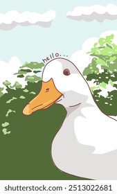close up illustration of a duck with a tree and sky background