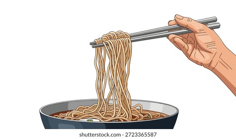 Cierre de la ilustración de una mano con palillos para levantar un montón de fideos largos de un tazón de deliciosa sopa ramen caliente.