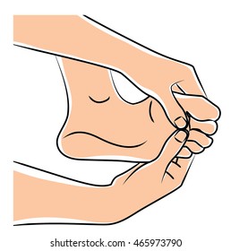 Close up illustration of the hands doing medical foot massage. Vector drawing illustration.