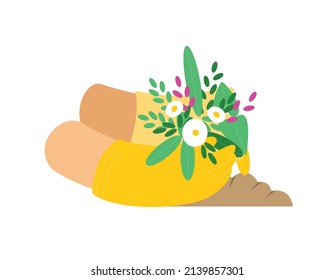Close up illustration of hands wearing gloves working in the garden planting flowers. Vector flat illustration for the spring time
