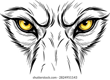 Close up illustration of intense yellow wolf eyes with a fierce gaze and detailed fur rendering conveying power and wildness