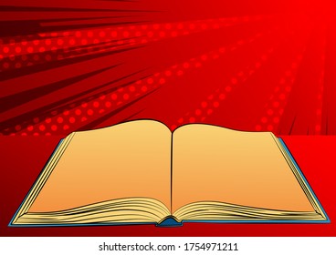 Close up illustration of opened textbook with blank pages - comic book style, cartoon vector illustrated.