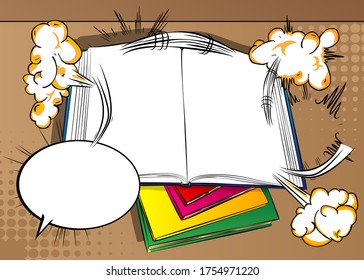 Close Up Illustration Of Opened Textbook With Blank Pages, Placed On Other Closed Books - Comic Book Style, Cartoon Vector Illustrated.