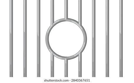Close up illustration of prison bars with a round circle opening in the middle allowing a view of the white background behind.