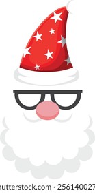 Close up illustration of Santa Claus wearing glasses and red Christmas hat with white stars, perfect for Christmas greeting cards or holiday decorations