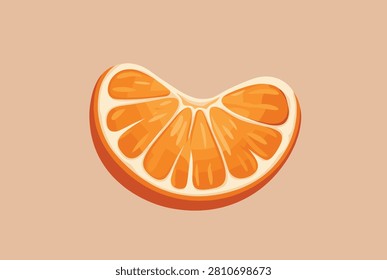 Close up illustration of a single fresh orange or mandarin segment slice showing the detailed juice sacs and texture on a warm neutral background.