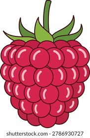 A close up illustration of a single, vibrant red raspberry with a green stem and leaves.