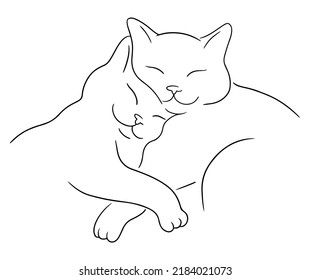 Close up illustration of two cats cuddle and sleep together. Line art sketch of sleeping kittens hug each other. Pets friendly concept