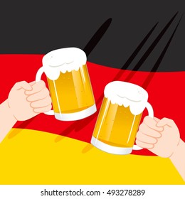Close up illustration of two hands toasting with beer mugs over German flag on Oktoberfest celebration