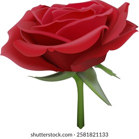 Close up illustration of a vibrant red rose with intricate petals and a slender green stem, symbolizing love and beauty. Perfect for romantic and floral themed designs