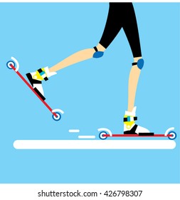 Close up illustration of the woman legs wearing leggings and roller skiing. Vector