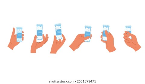 Close up illustrations of hands holding bottles of pills. Medical treatment, prescription, and healthcare