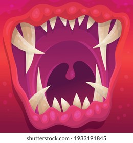 Close up image of colorful monster mouth with crooked sharp teeth, cartoon flat vector illustration. Monster or fancy animal toothy jaws in bright red tints.