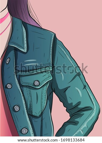 Close up image of a denim jacket. Urban style woman wearing blue jeans clothing .