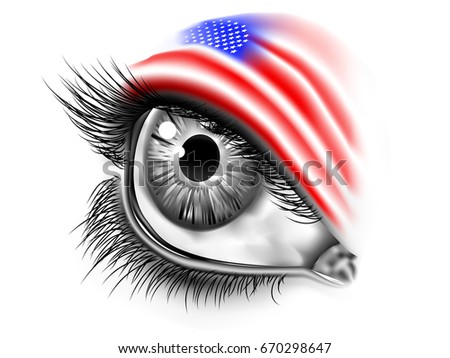 Close up image of human eye with United States of America flag over skin