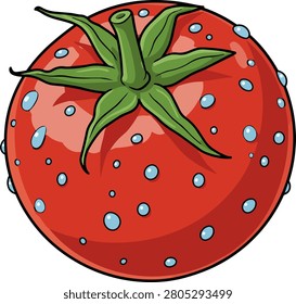 Close up image of a single ripe red tomato covered in water droplets isolated on a white background