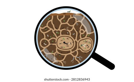Close up of an intricate underground ant colony nest layout magnified through a round glass lens in earthy tones.