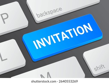 Close Up Invitation Button on Laptop or Computer Keyboard for Event Announcement, Message, Party Planning and Online Invite 3D Illustration