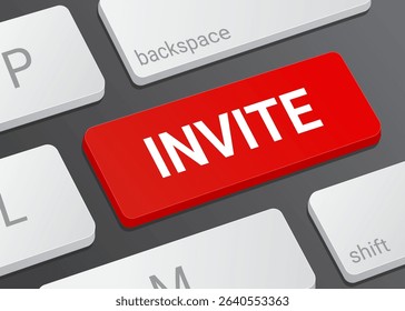 Close Up Invite Button on Laptop or Computer Keyboard for Online Invitation, Event Sharing, Digital Message and Party Planning 3D Illustration