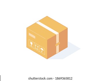 Close isometric cardboard box for delivery or storage. Brown carton post and warehouse package with labels and adhesive tape in isolated vector illustration. Parcel in craft cardboard or paper box.