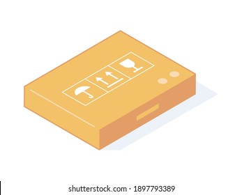 Eng isometrische Faltschachtel für die Lieferung oder Lagerung von Waren. Brauner Karton mit Etiketten auf einzelne Vektorgrafik. Paket in Handkarton oder Papierkarton.