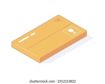 Cerrar la caja de cartón isométrica para la entrega o el almacenamiento de mercancías. Paquete de postes y almacén de cartón marrón con etiquetas en ilustraciones vectoriales aisladas. Parcela en cartón o caja de papel artesanal.