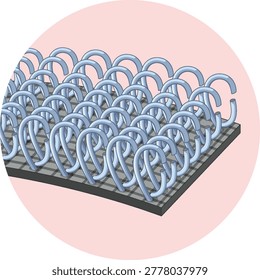 Close up isometric vector of blue synthetic fastener loops on a dark textured base