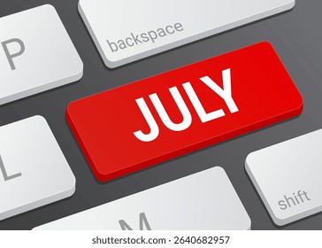 Close up July Button on Computer Keyboard with White Text for Calendar Date and Digital Interface Concept Illustration
