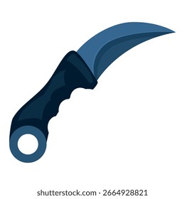 Close up of a karambit knife, highlighting its distinctive curved blade and ergonomic black handle
