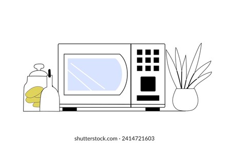 Close up kitchen interior composition of microwave oven, jars and flower pot standing on the table. Outline drawing with minimal colourful parts. Vector illustration