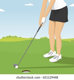 Close up of lady golfer putting. Golf course resort scenes of players and holes