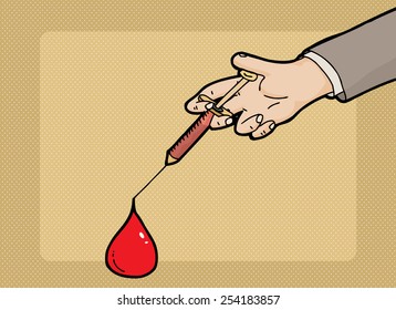 Close up of large blood drop at end of needle