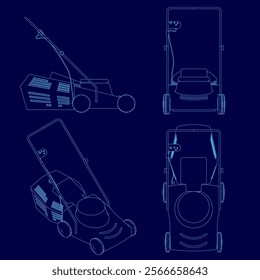 Close up of a lawn mower with a handle and a lawn mower blade. The lawn mower is shown in different angles and positions