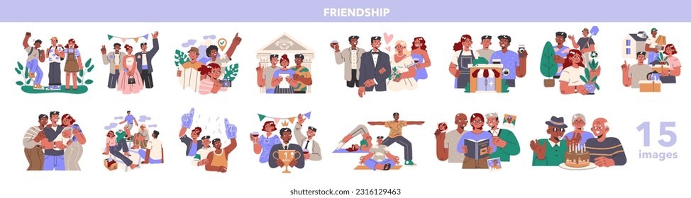 Close lifetime friends group set. Children aging together. Girl and two boys friends life milestones. School, university, getting a job and family. Flat vector illustration