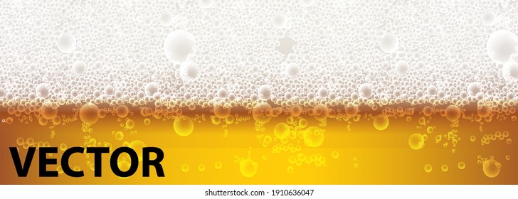 Cercar cerveza ligera con espuma y burbujas. Fondo de espuma de cerveza, patrón de cerveza horizontal. Iluminación brillante, burbuja y líquido, ilustración vectorial