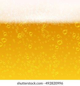 Close Up Light Beer With Foam And Bubbles Vector Seamless Background. Fresh Beverage Beer Illustration