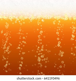 Close Up Light Beer With Foam And Bubbles. Vector Background. Fresh Beverage Beer Illustration