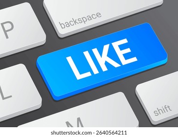 Close Up Like Button on Laptop or Computer Keyboard for Social Media, User Engagement, and 3D Interaction Illustration