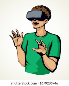 Close up line joy guy boy face optical glass movie software on white text space. Outline black human future science app system concept sign icon symbol design sketch in art cartoon graphic style view