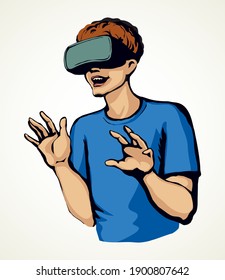 Close up line joy guy boy face optical glass movie software on white text space. Outline black human future science app system concept sign icon symbol design sketch in art cartoon graphic style view