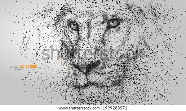 Close up of lion's face composed of particles on grey background. Abstract vector lion mural wallpaper design.