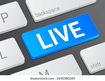 Close Up Live Button on Laptop or Computer Keyboard for Live Streaming, Broadcasting, Real-Time Video, and 3D Technology Interface Illustration
