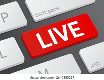 Close Up Live Button on Laptop or Computer Keyboard for Live Streaming, Broadcasting, Real-Time Video, and 3D Technology Interface Illustration