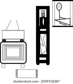 close up of living room illustration, lively and minimalist, living room decoration in a house with black and white background