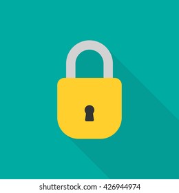 Close lock flat icon. Silhouette lock. Yellow lock isolated on background