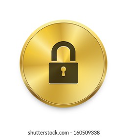 Close lock icon on golden button. Vector background. 
