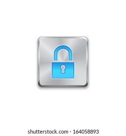 Close lock icon on metal button. Vector background. 